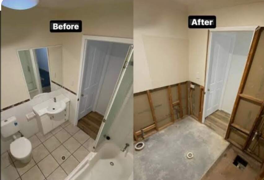 Bathroom strip-out before and after: tiled bathroom with bath, vanity and toilet before; bare timber frame and screeded floor after