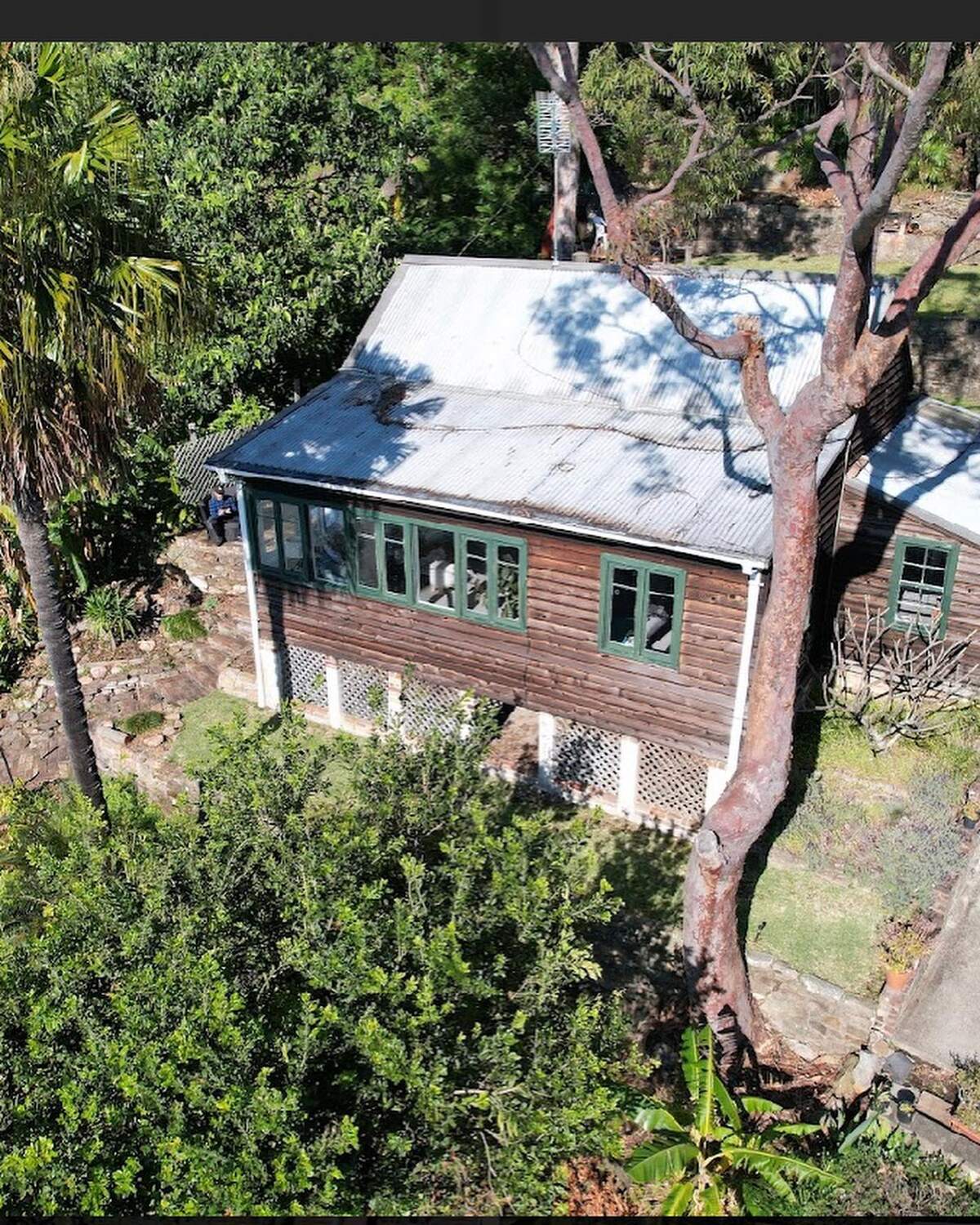Aerial view of a timber weatherboard house with a corrugated iron roof on a bushy sloping block, before demolition
